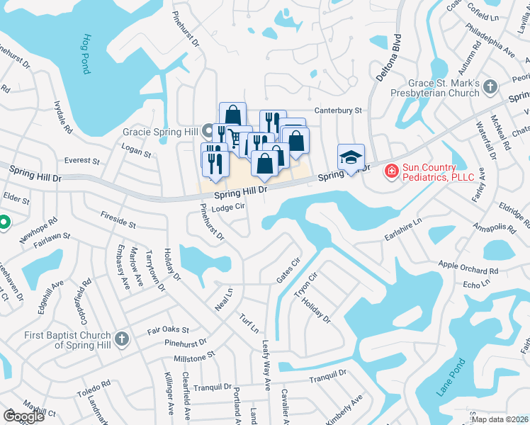 map of restaurants, bars, coffee shops, grocery stores, and more near 1183 Port Court in Spring Hill