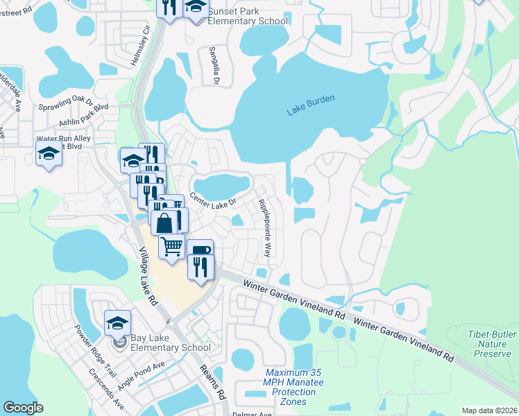 map of restaurants, bars, coffee shops, grocery stores, and more near 11424 Center Lake Drive in Windermere