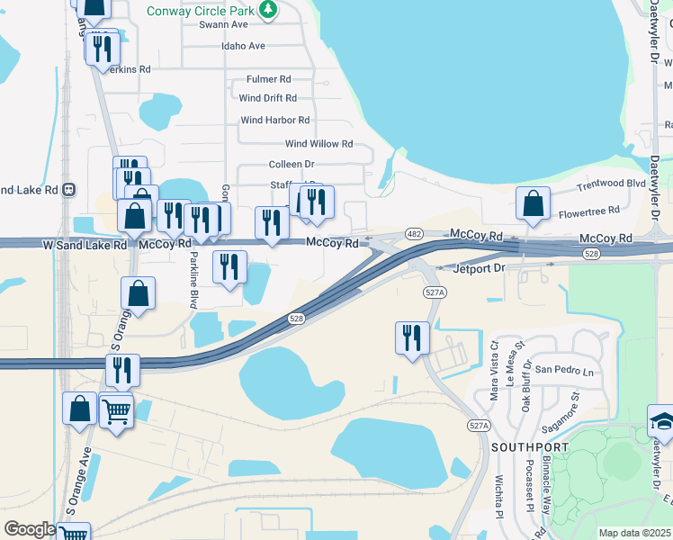 map of restaurants, bars, coffee shops, grocery stores, and more near 1936 McCoy Road in Orlando