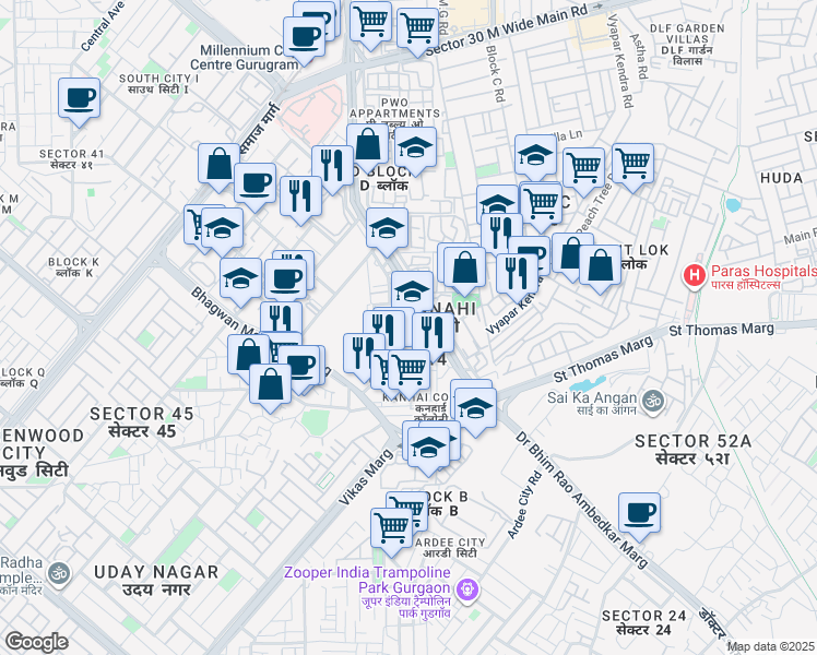 map of restaurants, bars, coffee shops, grocery stores, and more near 142 Sector 44 Road in Gurugram