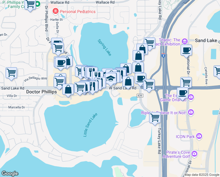 map of restaurants, bars, coffee shops, grocery stores, and more near 7380 West Sand Lake Road in Orlando