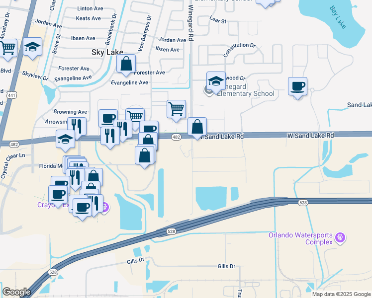 map of restaurants, bars, coffee shops, grocery stores, and more near 506 Sand Lake Road in Orlando