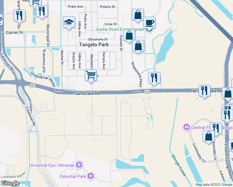 map of restaurants, bars, coffee shops, grocery stores, and more near 4765 Sand Lake Road in Orlando