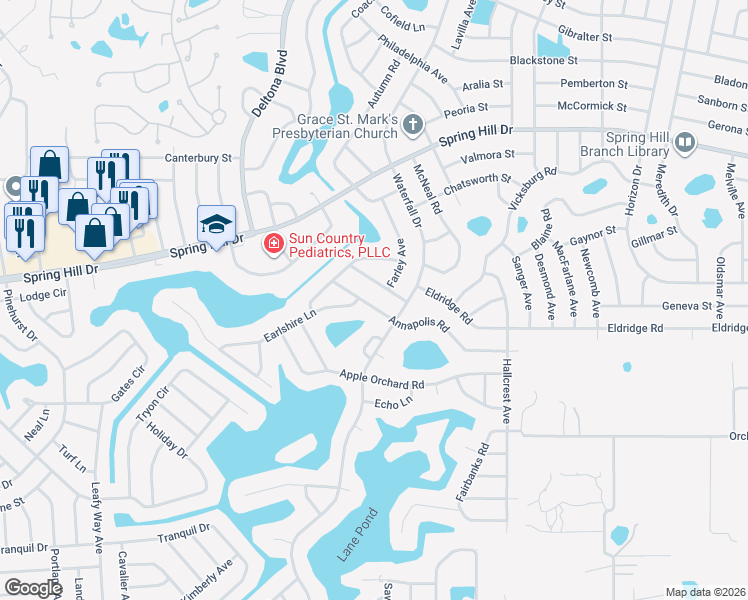 map of restaurants, bars, coffee shops, grocery stores, and more near 8283 Annapolis Road in Spring Hill