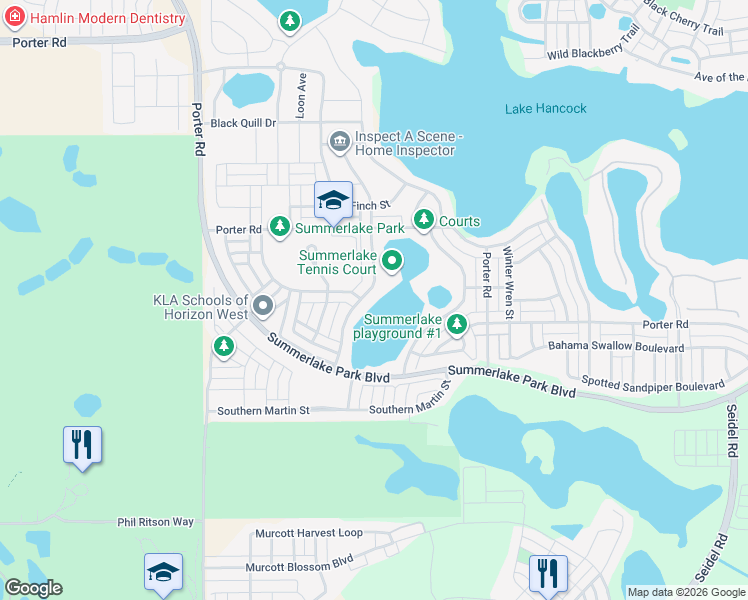 map of restaurants, bars, coffee shops, grocery stores, and more near 15380 Porter Road in Winter Garden