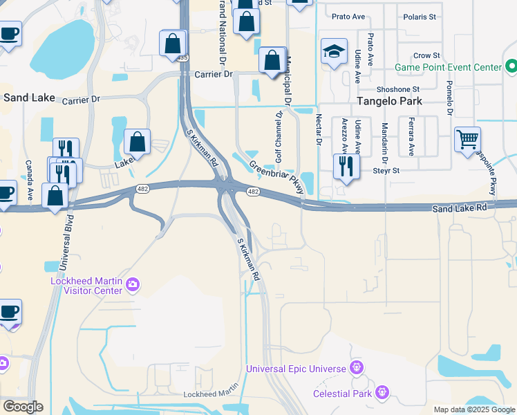 map of restaurants, bars, coffee shops, grocery stores, and more near 5600 West Sand Lake Road in Orlando