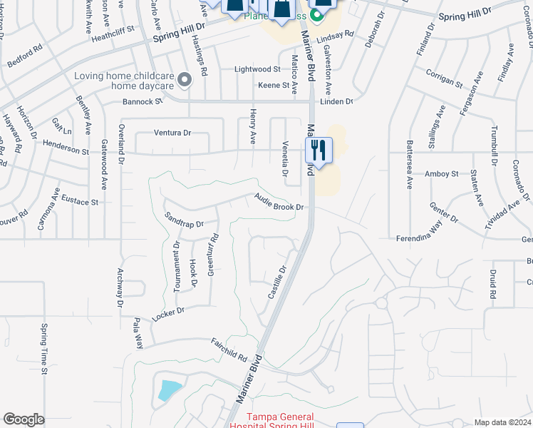 map of restaurants, bars, coffee shops, grocery stores, and more near 1132 Wedge Way in Spring Hill