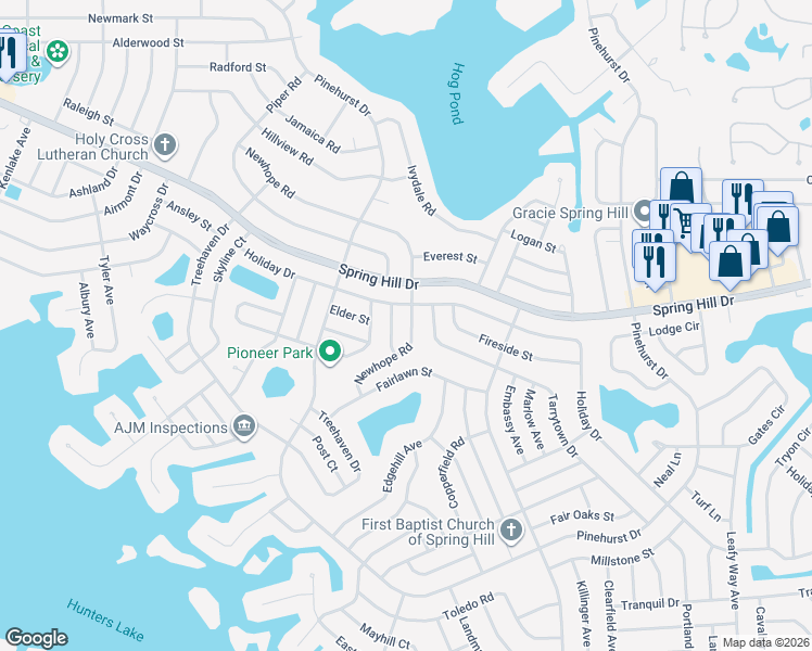 map of restaurants, bars, coffee shops, grocery stores, and more near 1246 Newhope Road in Spring Hill