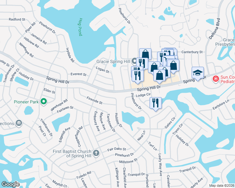 map of restaurants, bars, coffee shops, grocery stores, and more near 7224 Spring Hill Drive in Spring Hill