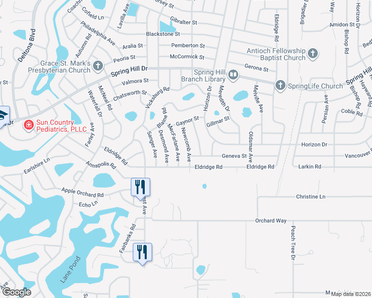 map of restaurants, bars, coffee shops, grocery stores, and more near 1159 Newcomb Avenue in Spring Hill