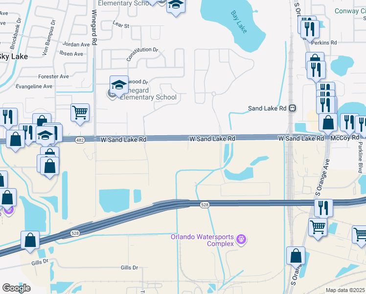 map of restaurants, bars, coffee shops, grocery stores, and more near 40 Sand Lake Road in Orlando