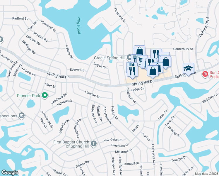 map of restaurants, bars, coffee shops, grocery stores, and more near 7224 Spring Hill Drive in Spring Hill