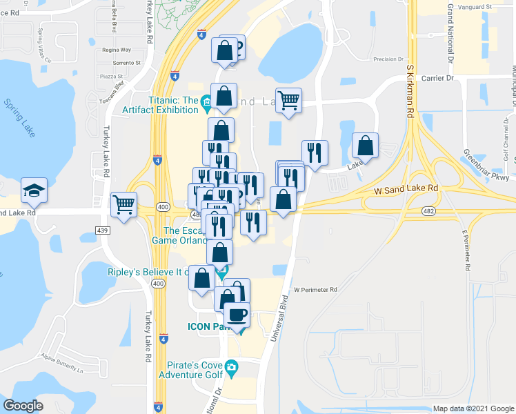map of restaurants, bars, coffee shops, grocery stores, and more near 7540 Canada Ave in Orlando