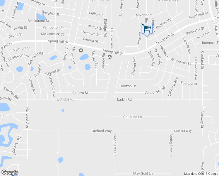 map of restaurants, bars, coffee shops, grocery stores, and more near 9362 Eldridge Road in Spring Hill