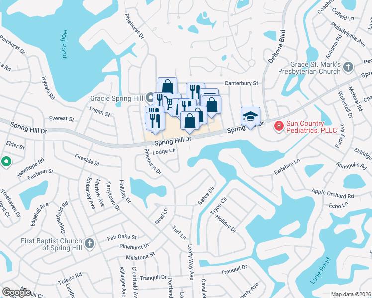 map of restaurants, bars, coffee shops, grocery stores, and more near 1183 Port Court in Spring Hill