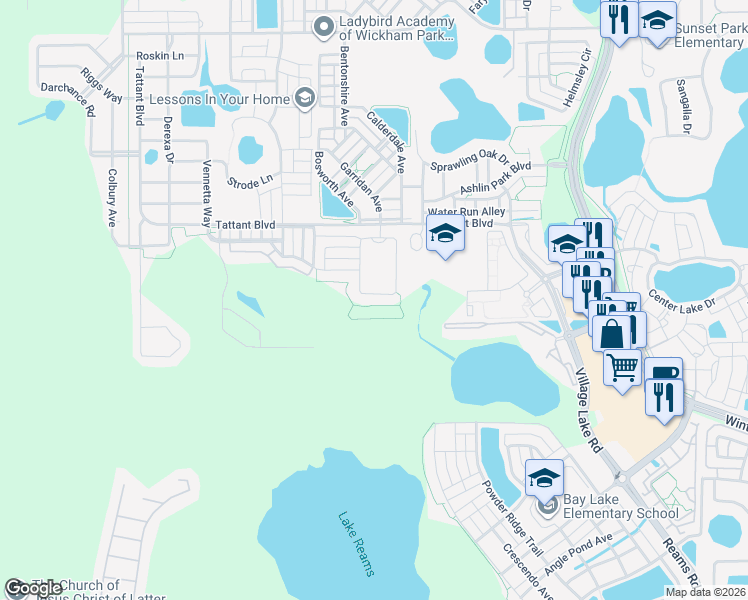 map of restaurants, bars, coffee shops, grocery stores, and more near 12856 Westside Village Loop in Windermere