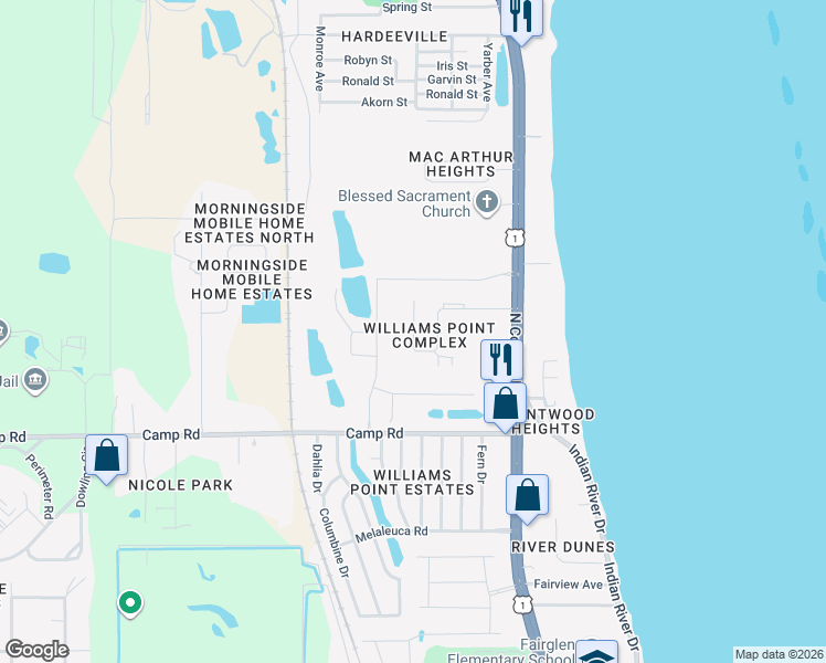 map of restaurants, bars, coffee shops, grocery stores, and more near 379 Williams Point Boulevard in Cocoa