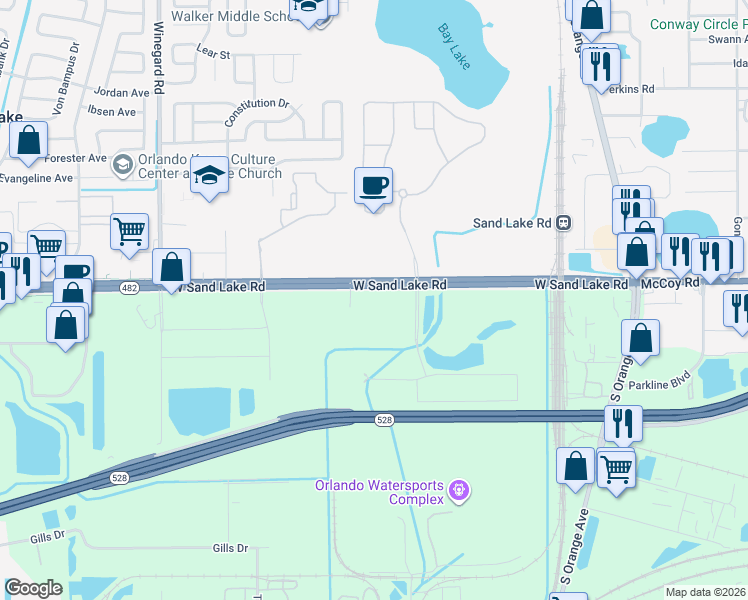 map of restaurants, bars, coffee shops, grocery stores, and more near 40 Sand Lake Road in Orlando