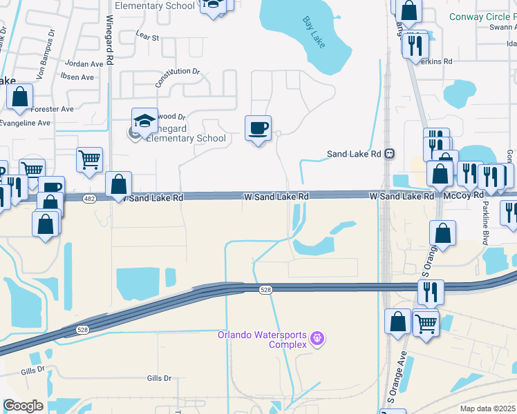 map of restaurants, bars, coffee shops, grocery stores, and more near 40 Sand Lake Road in Orlando