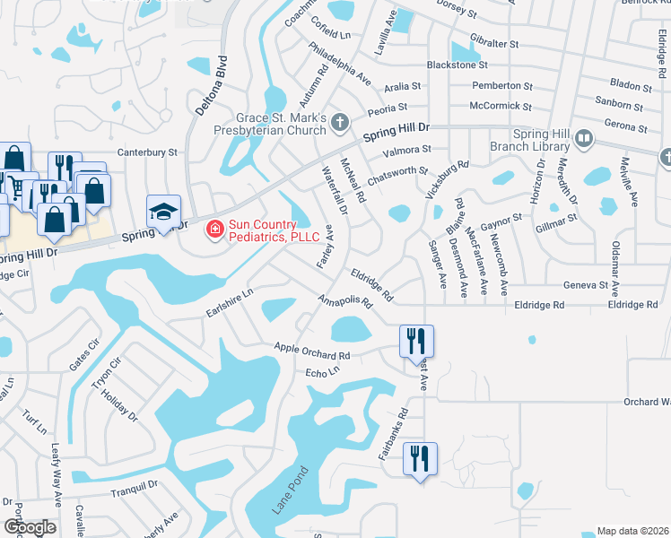 map of restaurants, bars, coffee shops, grocery stores, and more near 1192 Farley Avenue in Spring Hill