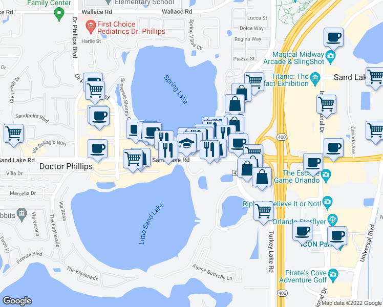 map of restaurants, bars, coffee shops, grocery stores, and more near 7341 Sand Lake Road in Orlando