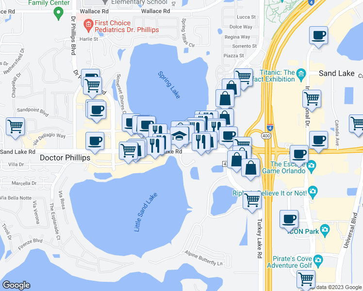 map of restaurants, bars, coffee shops, grocery stores, and more near 7343 West Sand Lake Road in Sand Lake