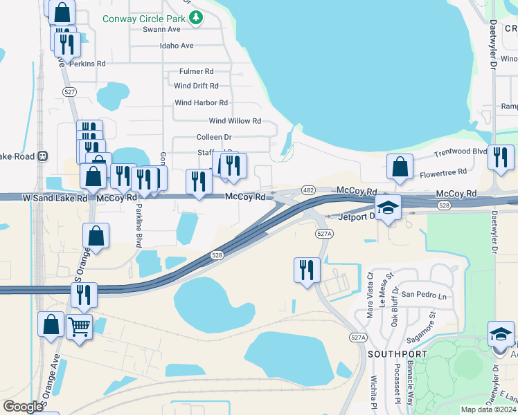 map of restaurants, bars, coffee shops, grocery stores, and more near 1936 McCoy Road in Orlando