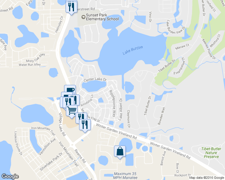 map of restaurants, bars, coffee shops, grocery stores, and more near 7442 Lake Albert Drive in Windermere
