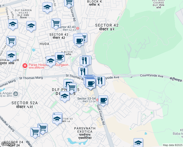 map of restaurants, bars, coffee shops, grocery stores, and more near Golf Course Road in Gurugram