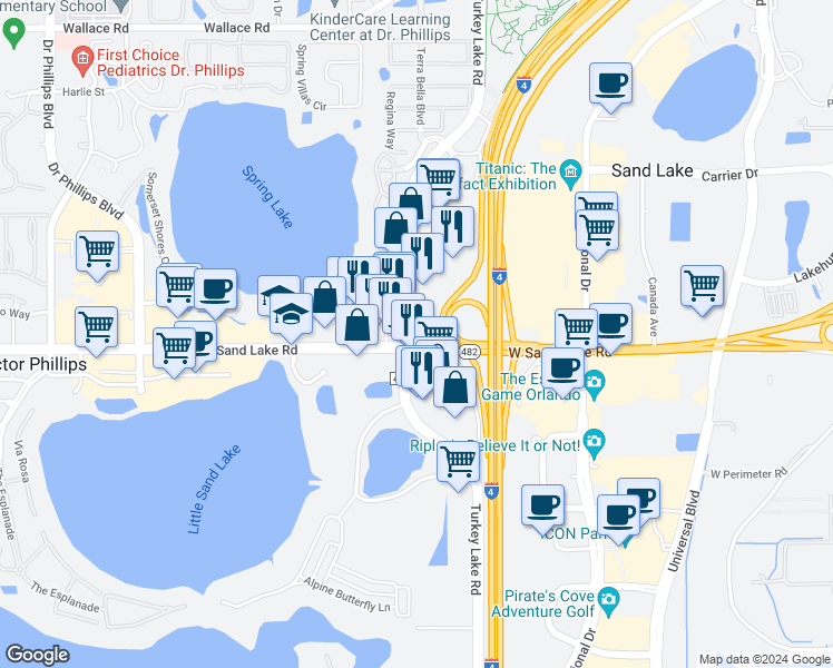 map of restaurants, bars, coffee shops, grocery stores, and more near 7329 Sand Lake Road in Orlando