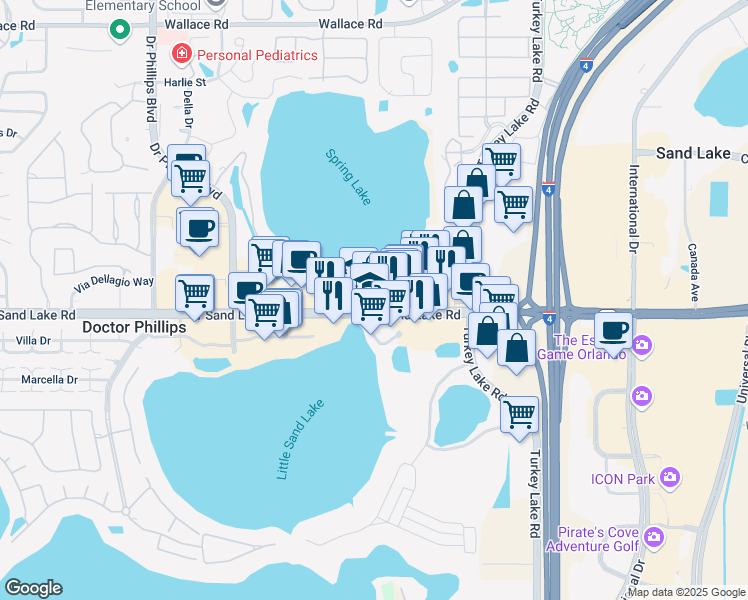 map of restaurants, bars, coffee shops, grocery stores, and more near 7343 Sand Lake Road in Orlando