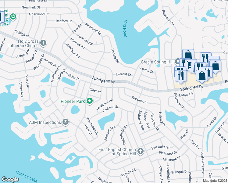 map of restaurants, bars, coffee shops, grocery stores, and more near 1246 Newhope Road in Spring Hill