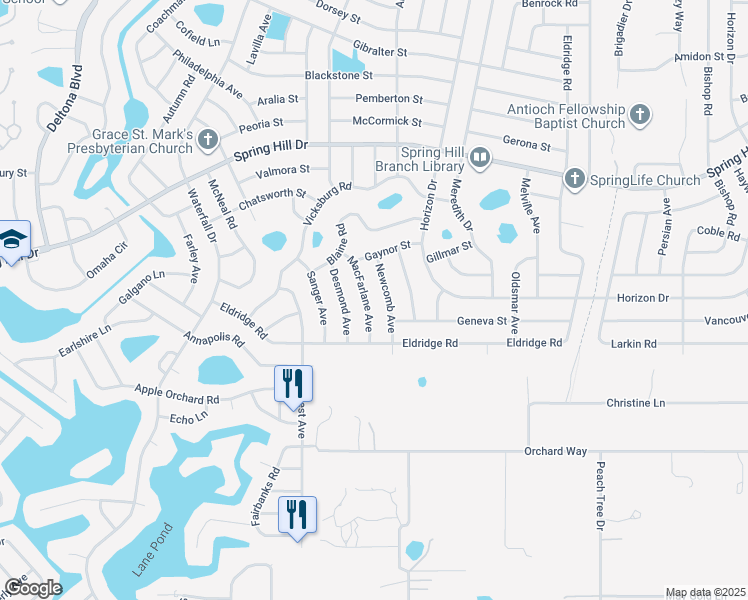 map of restaurants, bars, coffee shops, grocery stores, and more near 1170 MacFarlane Avenue in Spring Hill