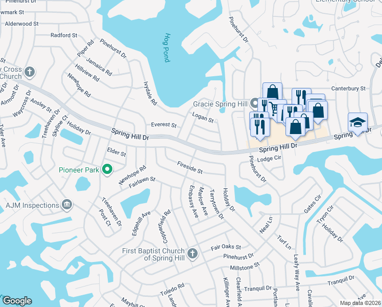 map of restaurants, bars, coffee shops, grocery stores, and more near 1193 Cobblestone Drive in Spring Hill