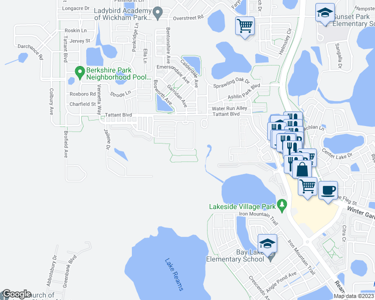 map of restaurants, bars, coffee shops, grocery stores, and more near 12826 Westside Village Loop in Windermere