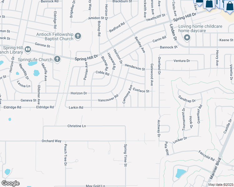 map of restaurants, bars, coffee shops, grocery stores, and more near 10101 Vancouver Road in Spring Hill