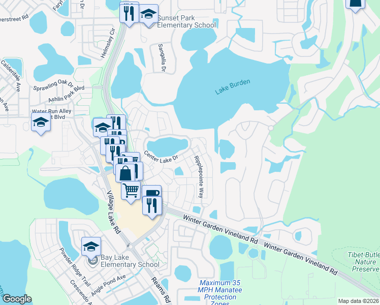 map of restaurants, bars, coffee shops, grocery stores, and more near 11424 Center Lake Drive in Windermere
