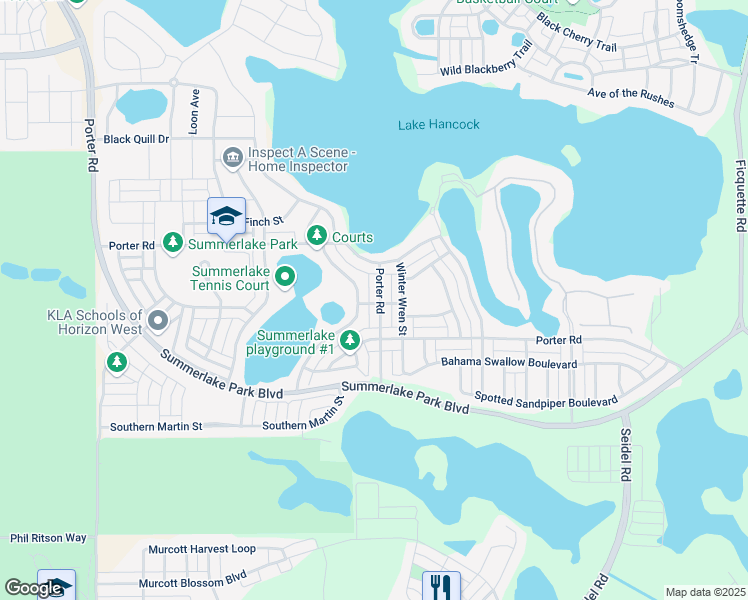 map of restaurants, bars, coffee shops, grocery stores, and more near 14842 Porter Road in Winter Garden