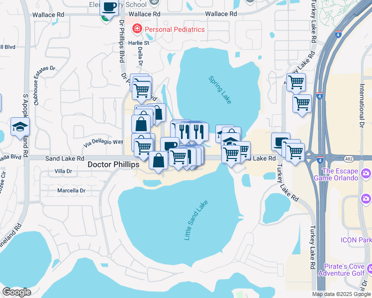 map of restaurants, bars, coffee shops, grocery stores, and more near 7559 Sand Lake Road in Orlando