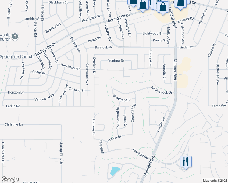 map of restaurants, bars, coffee shops, grocery stores, and more near 10370 Audie Brook Drive in Spring Hill