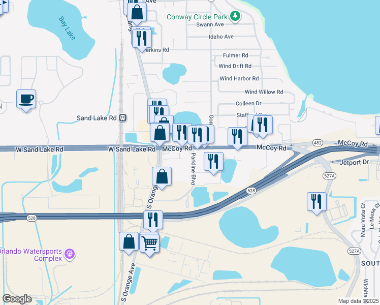 map of restaurants, bars, coffee shops, grocery stores, and more near 1100 McCoy Road in Orlando