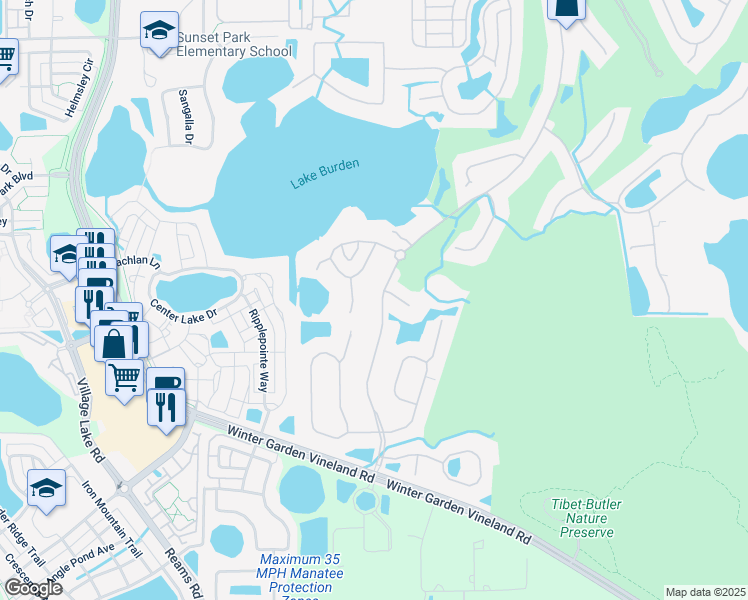map of restaurants, bars, coffee shops, grocery stores, and more near 8336 Tibet Butler Drive in Windermere
