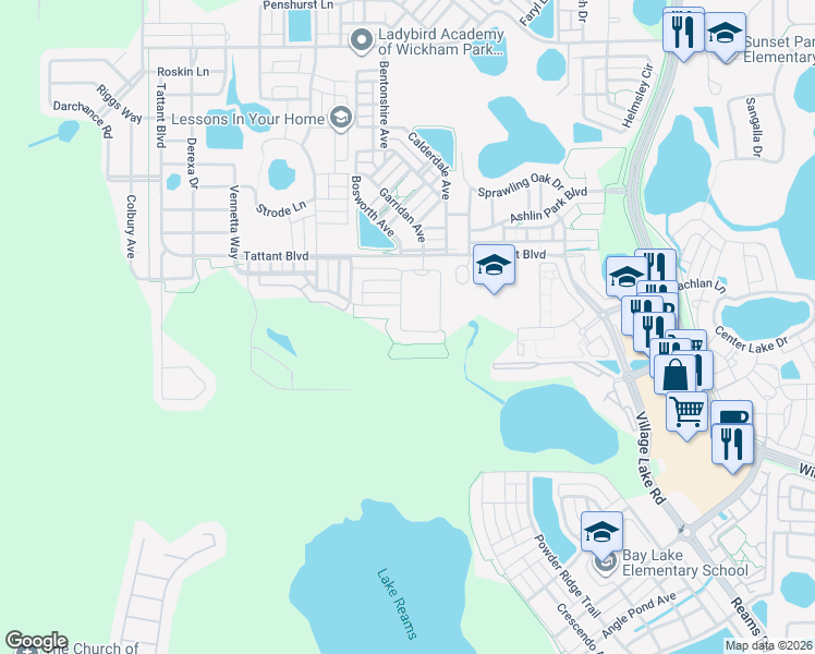 map of restaurants, bars, coffee shops, grocery stores, and more near 12874 Westside Village Loop in Windermere