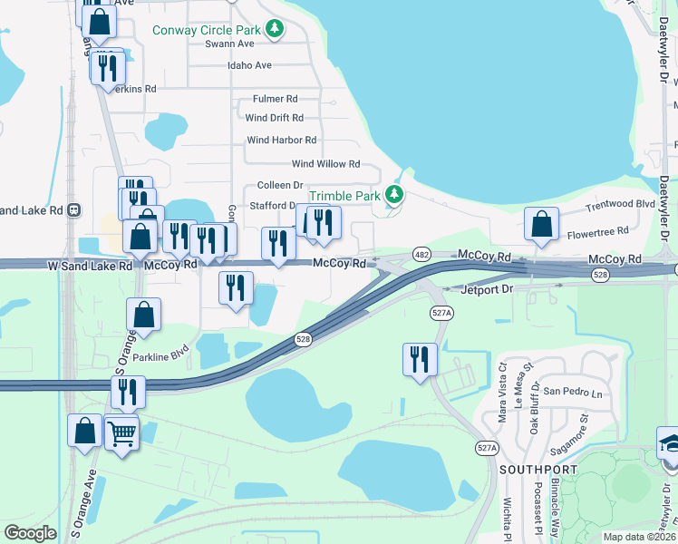map of restaurants, bars, coffee shops, grocery stores, and more near 1936 McCoy Road in Orlando