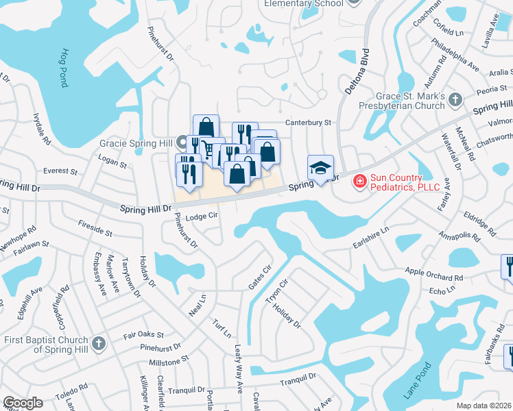 map of restaurants, bars, coffee shops, grocery stores, and more near 7400 Spring Hill Drive in Spring Hill