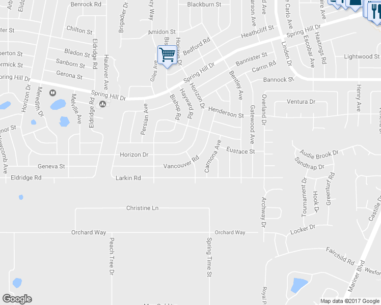 map of restaurants, bars, coffee shops, grocery stores, and more near 10104 Horizon Drive in Spring Hill