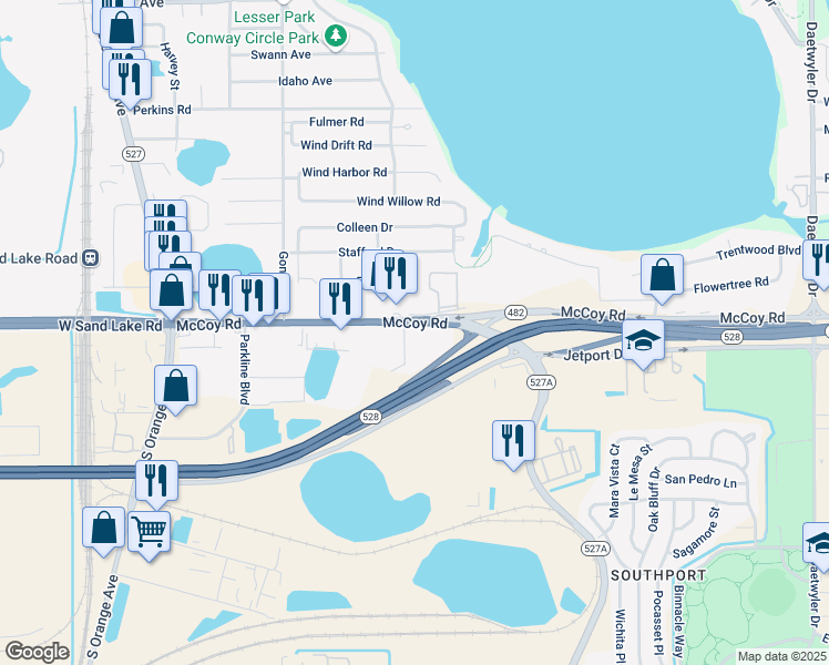 map of restaurants, bars, coffee shops, grocery stores, and more near 1936 McCoy Road in Orlando