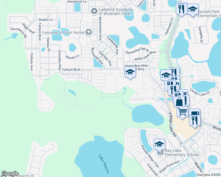 map of restaurants, bars, coffee shops, grocery stores, and more near 12874 Westside Village Loop in Windermere