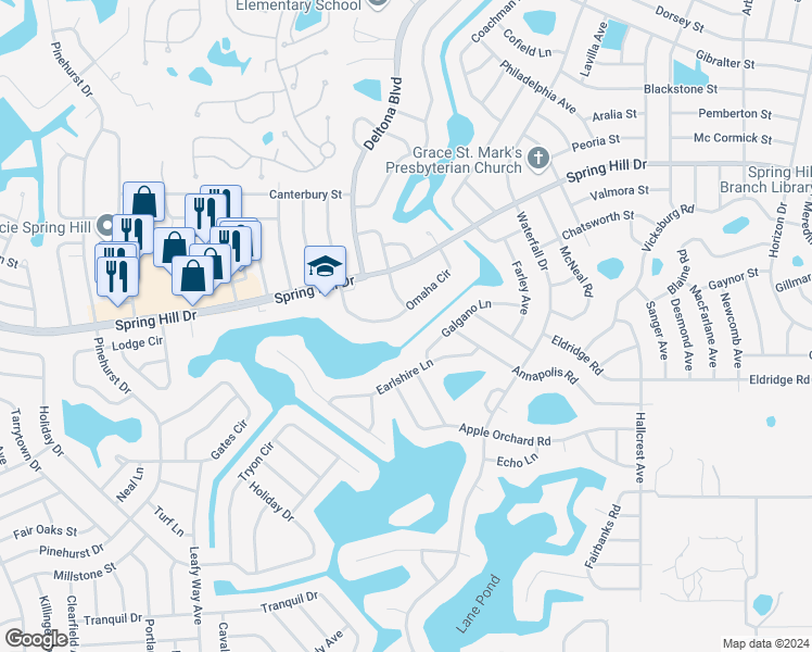 map of restaurants, bars, coffee shops, grocery stores, and more near 8280 Omaha Circle in Spring Hill