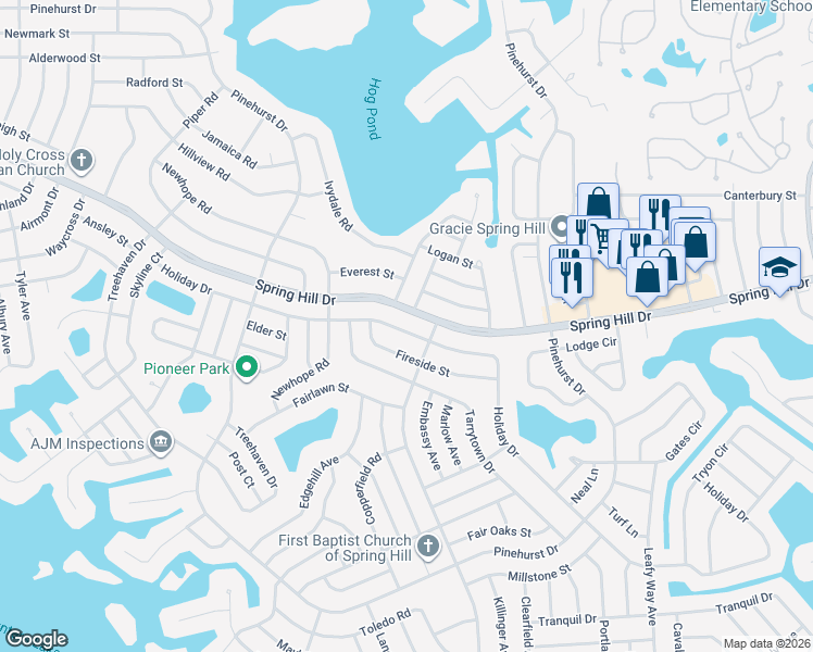 map of restaurants, bars, coffee shops, grocery stores, and more near 7103 Holiday Drive in Spring Hill